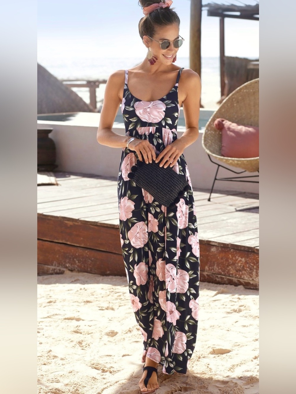 Lasagna Tie Back Scoop Neck Maxi Dress in Black With Pink Florals Size 10